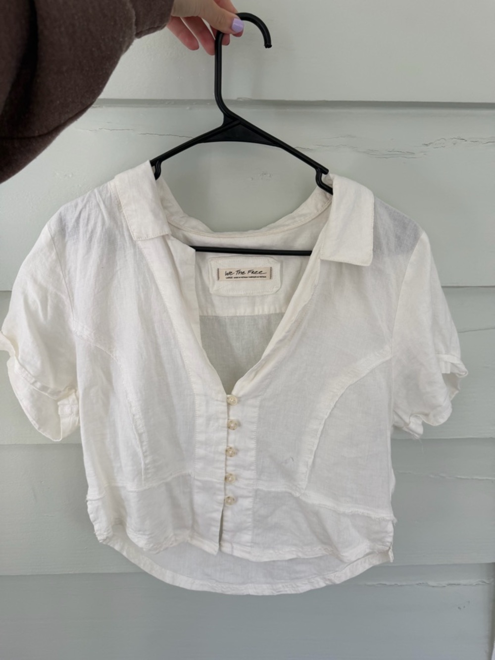 We The Free White Linen Button-Front Crop Shirt